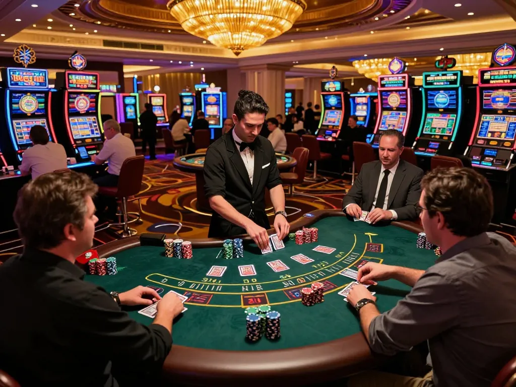 Engaging scene of vegas88 blackjack players strategizing and placing bets in a lively casino atmosphere.