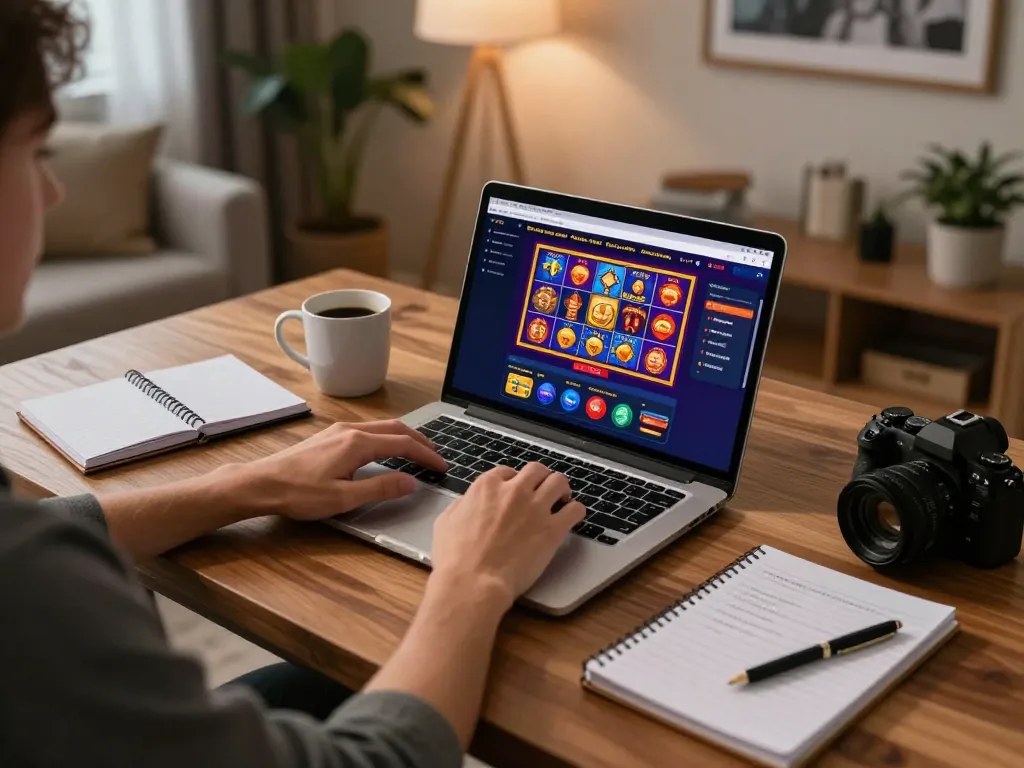 Engaged player at home gaming online with Debet casino interface on laptop.