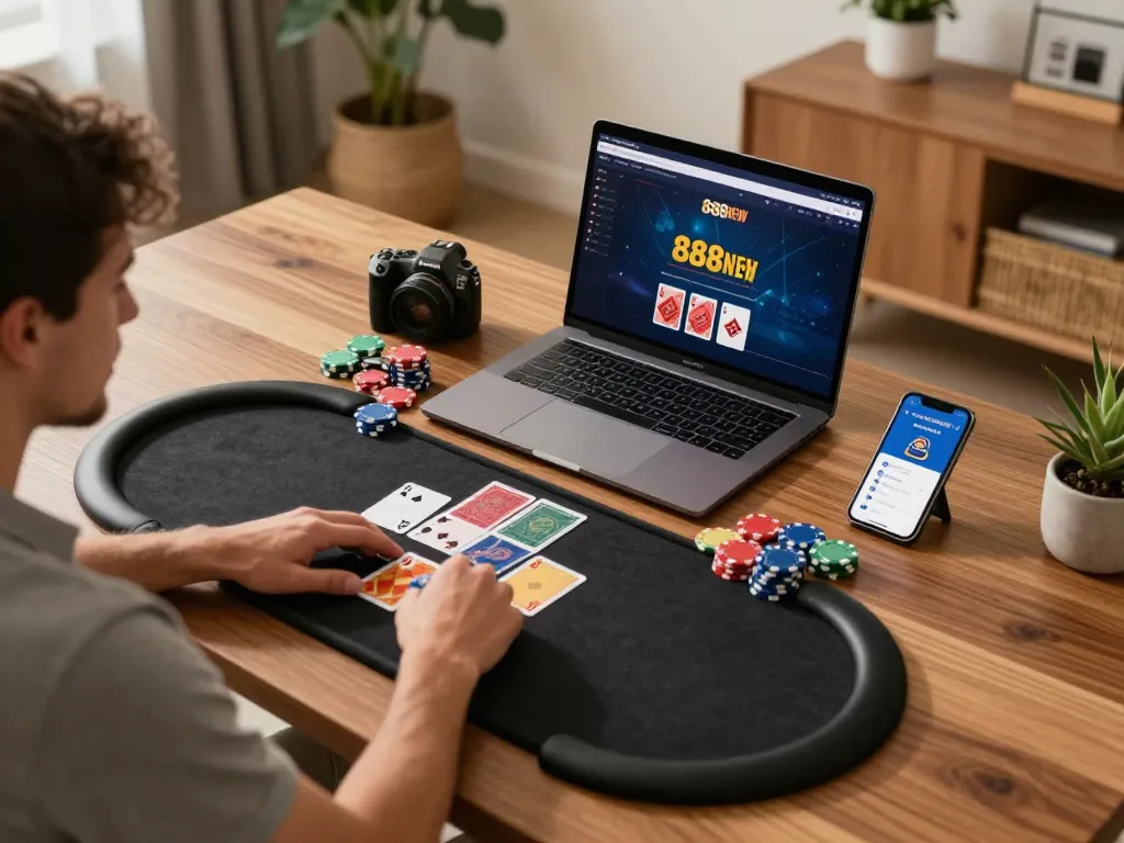Player enjoying a strategic online poker game at home on 888NEW.