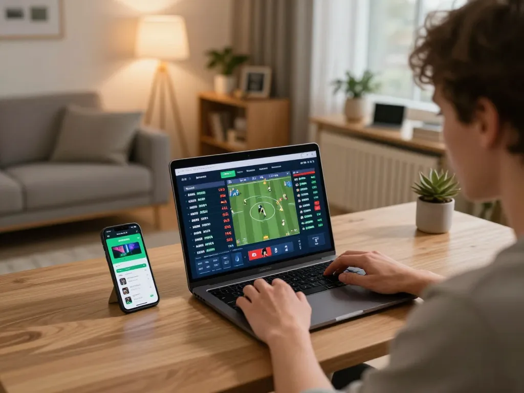 Kèo Nhà Cái Hôm Nay features an engaged bettor analyzing sports odds on a laptop in a cozy home setting