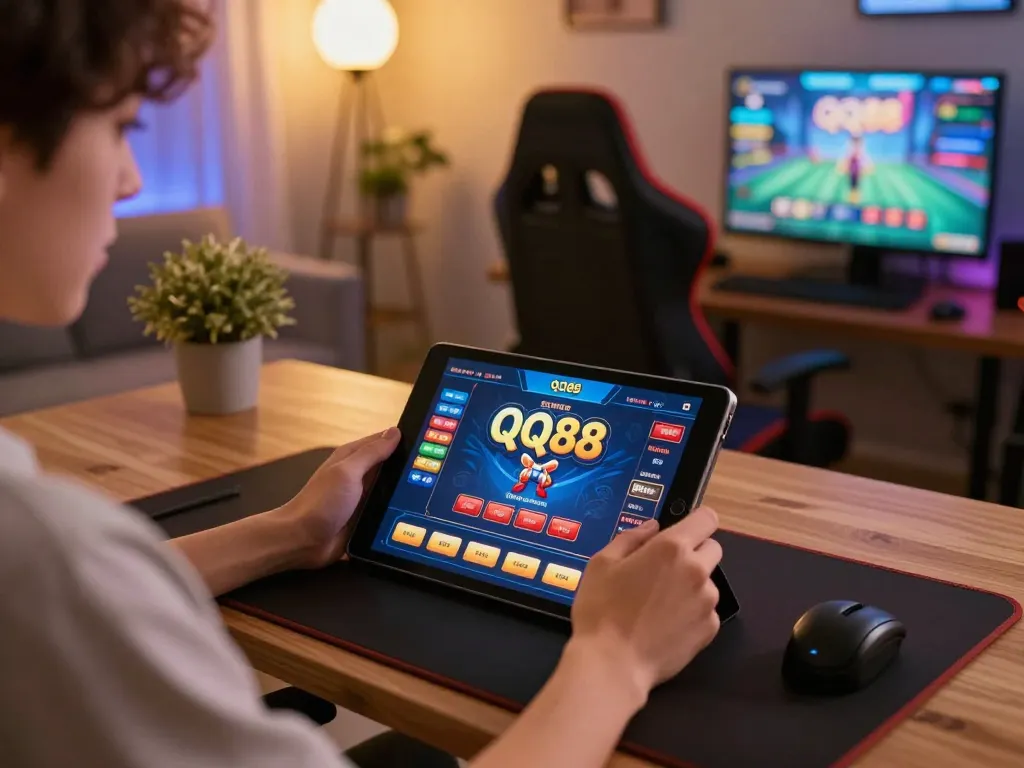 Engaging with QQ88 casino interface on a tablet in a cozy gaming setup.