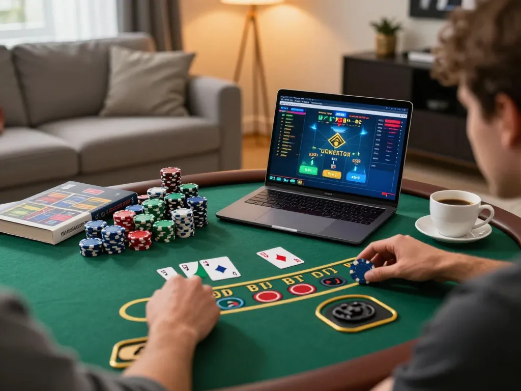 Player enjoying an online blackjack game on a laptop with chips and strategy books in cozy setting, emphasizing C179.