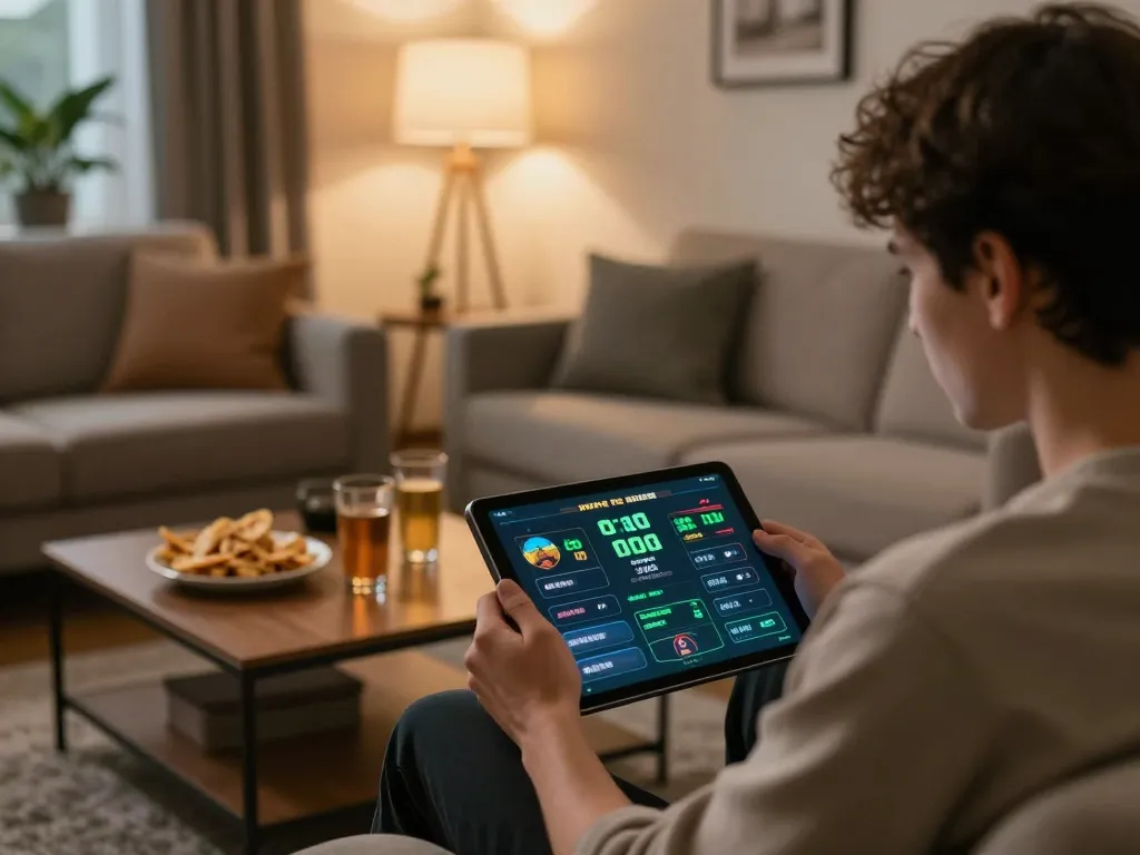Socolive user placing bets with a tablet in a cozy home setting, focused on sports betting activity.