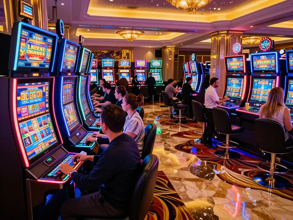 Engaging players at QQ88 slot machines celebrating wins under colorful neon lights.
