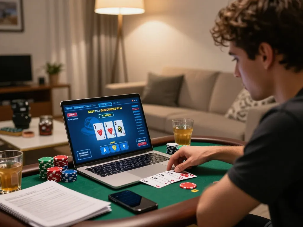 Playing poker online with 7m strategy notes in a cozy home setting.