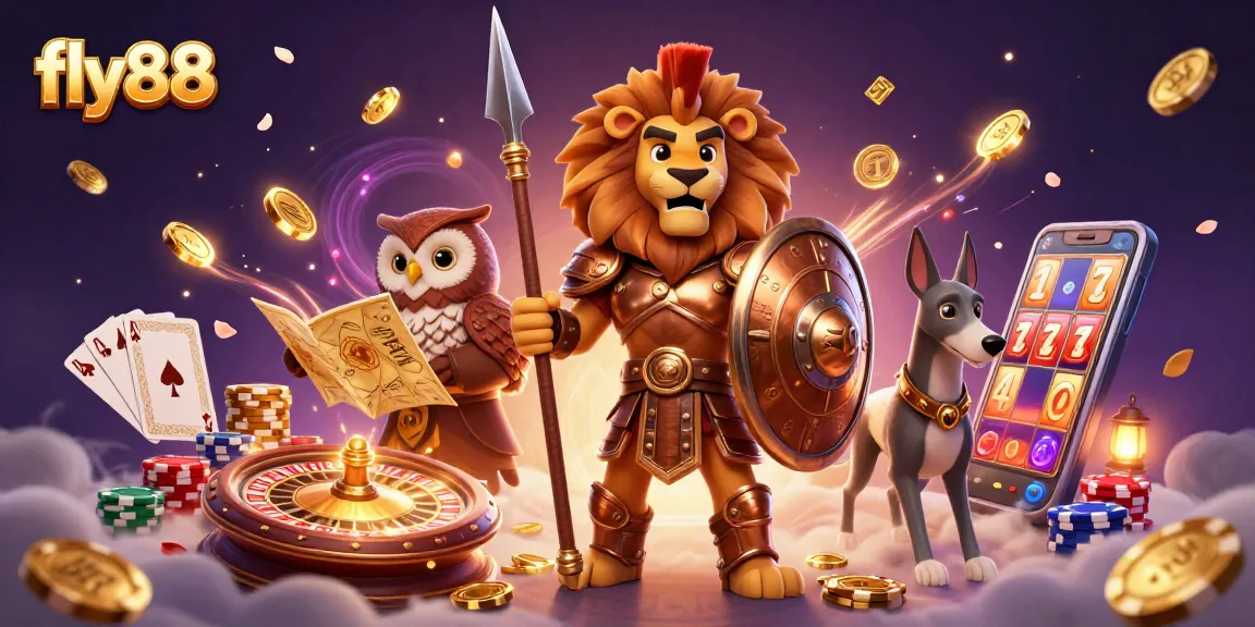 Fly88 features a heroic Spartan lion alongside a wise owl and swift greyhound in a vibrant casino scene.