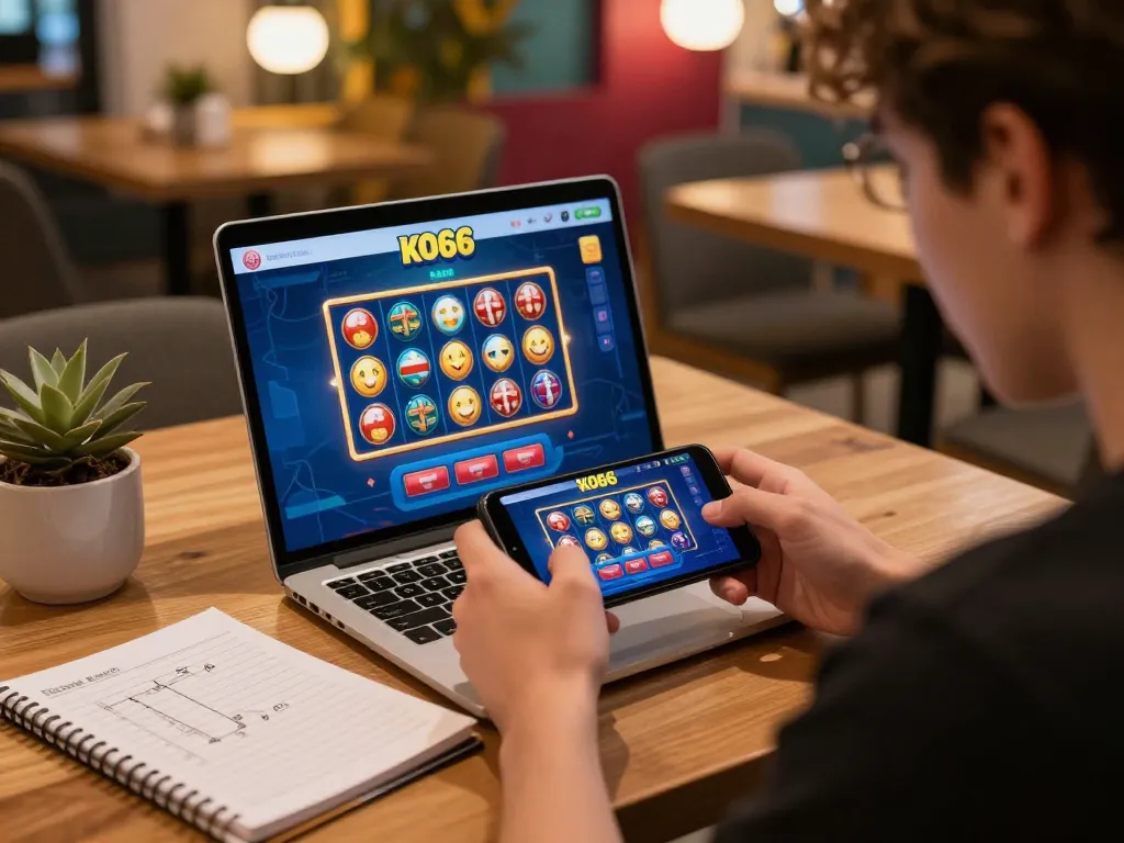 Player engaging with the KO66 casino app on smartphone, enhancing online gaming experience.
