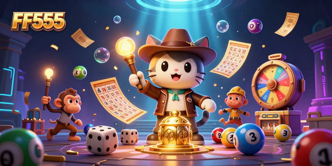 Experience the thrill of FF555 with a cat archaeologist uncovering treasures amid vibrant casino elements.