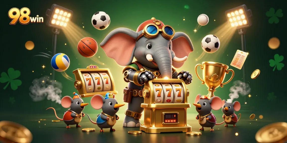 98win features a steampunk elephant engineer celebrating with slot machines, sports elements, and gold coins.