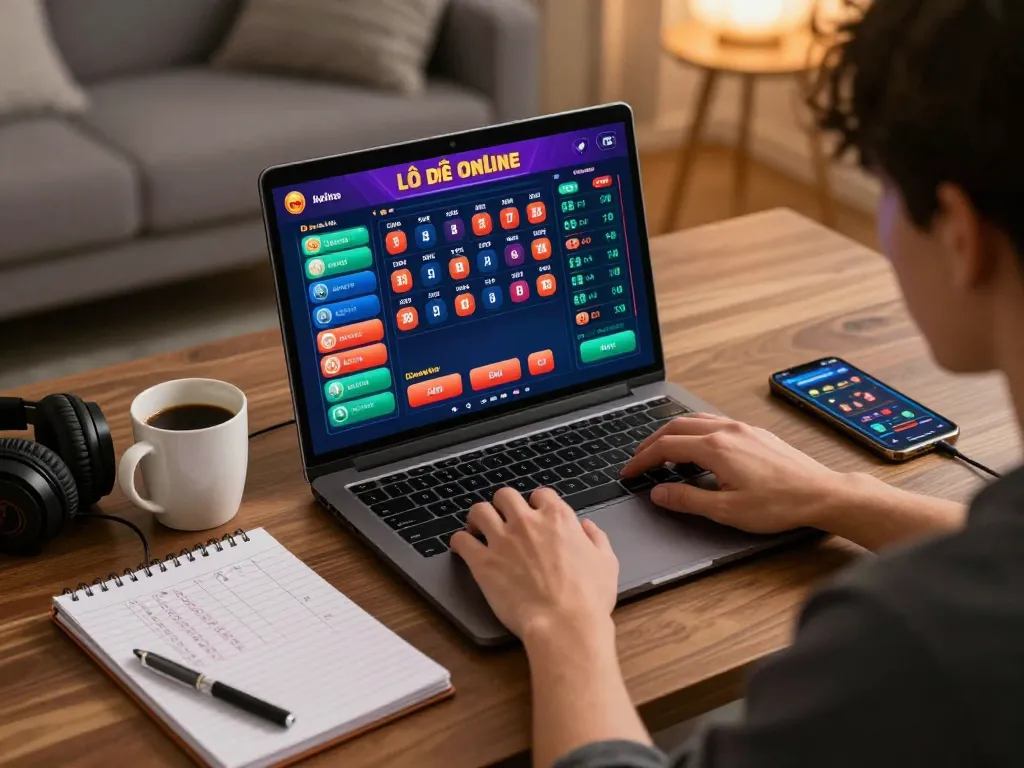 Lô Đề Online gameplay on a laptop at a cozy home desk, showcasing strategic betting options and analysis.