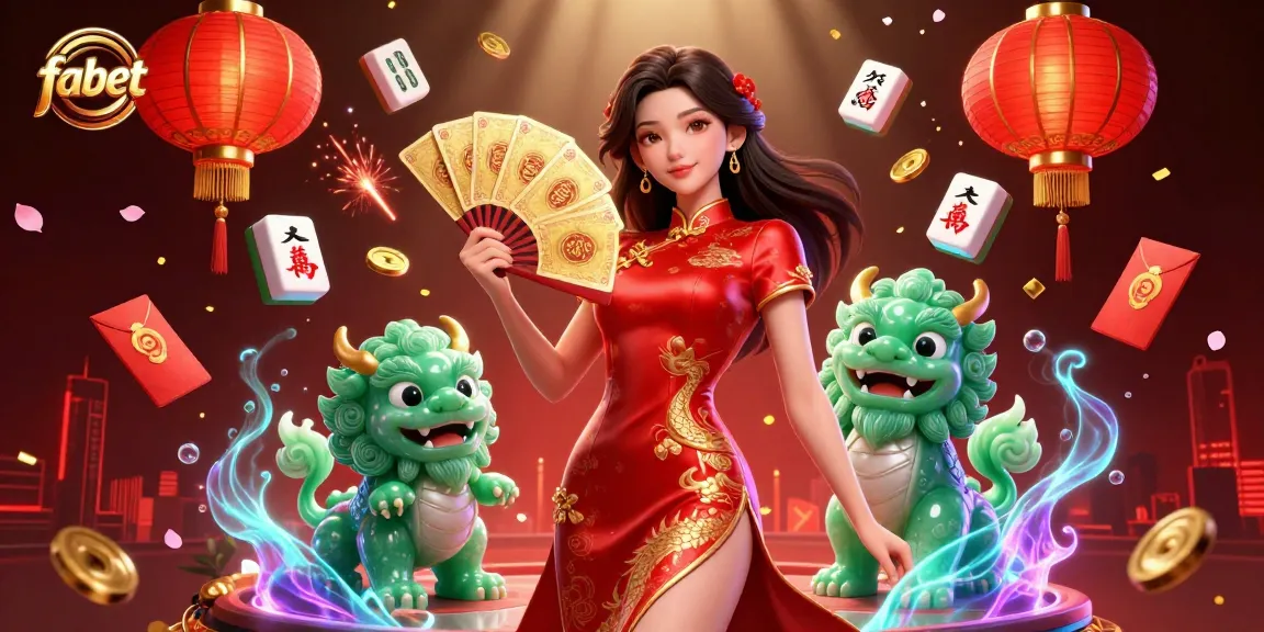 Engage with fabet's vibrant casino scene featuring a woman in a qipao, golden playing cards, and a lucky jade guardian.