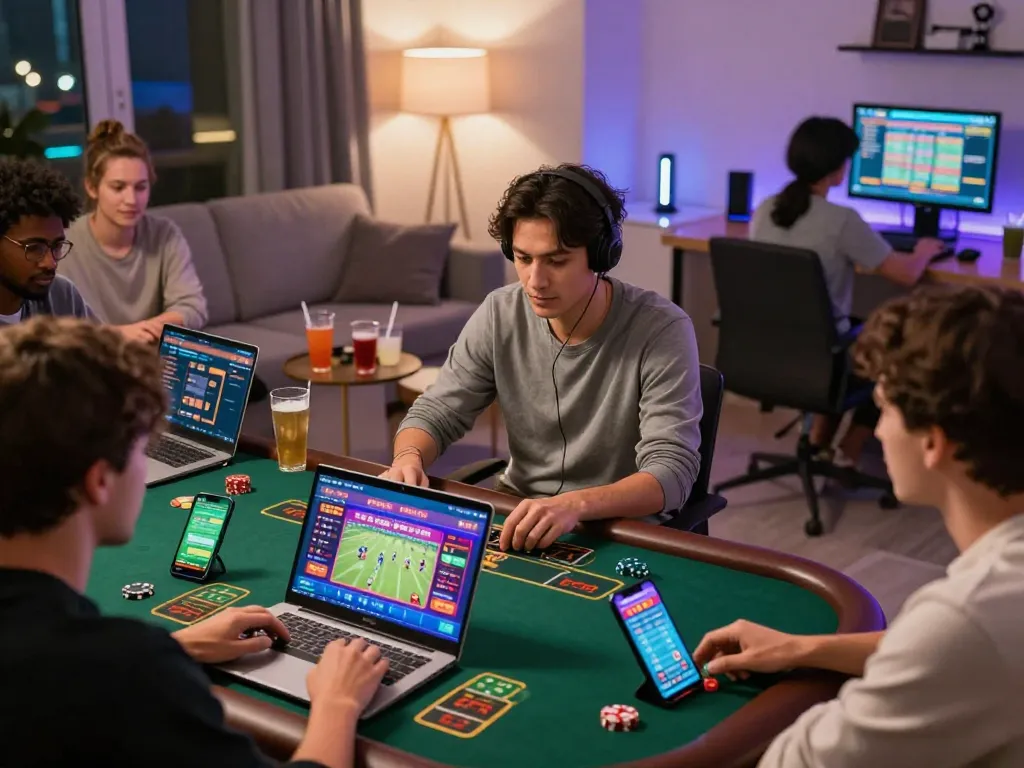 Online gaming excitement with players engaged in TR88 casino games across devices, showcasing a vibrant home setup.