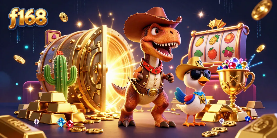 Experience exciting gameplay at f168 with T-Rex, gold treasures, and slot elements.