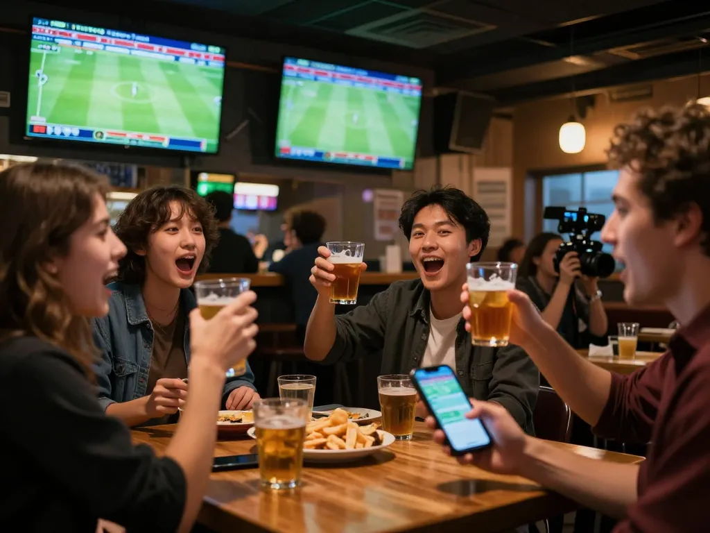 Patrons celebrating Tỷ lệ bóng đá wins while watching live matches in a lively sports bar.