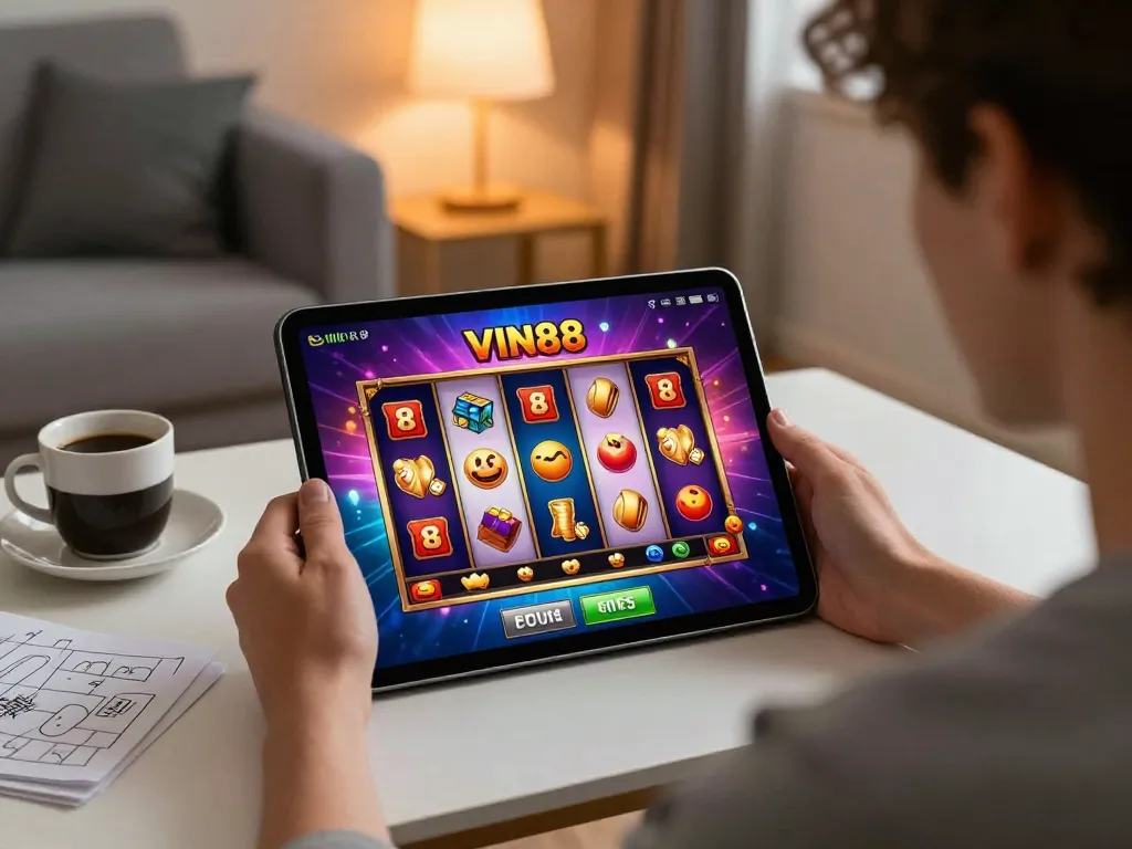 Engaging with the VIN88 casino app, a player enjoys an immersive slot game experience.