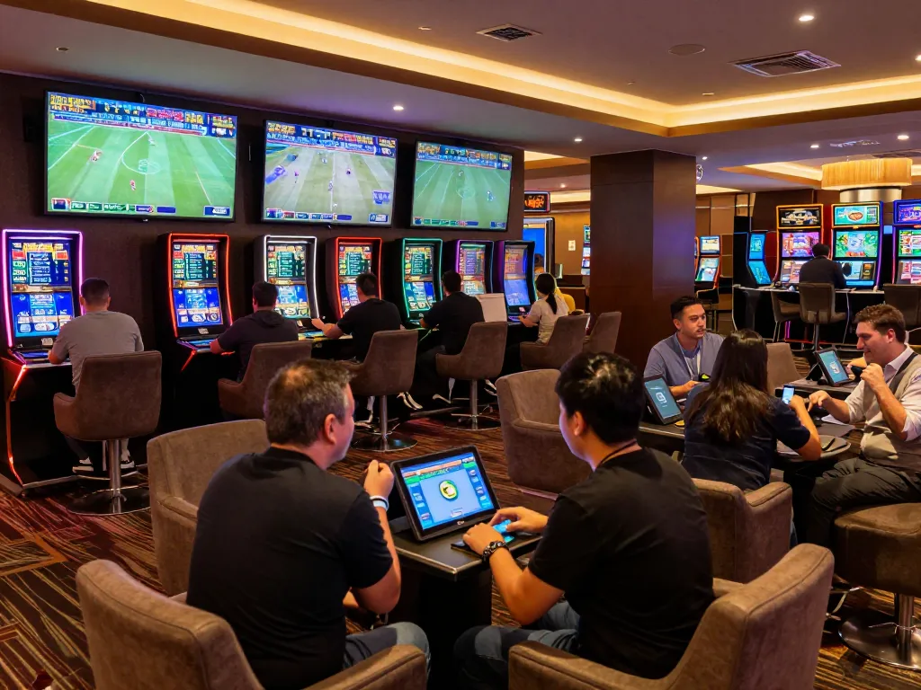 Tỷ Lệ Kèo Nhà Cái displayed on high-tech screens in an upscale sports betting lounge
