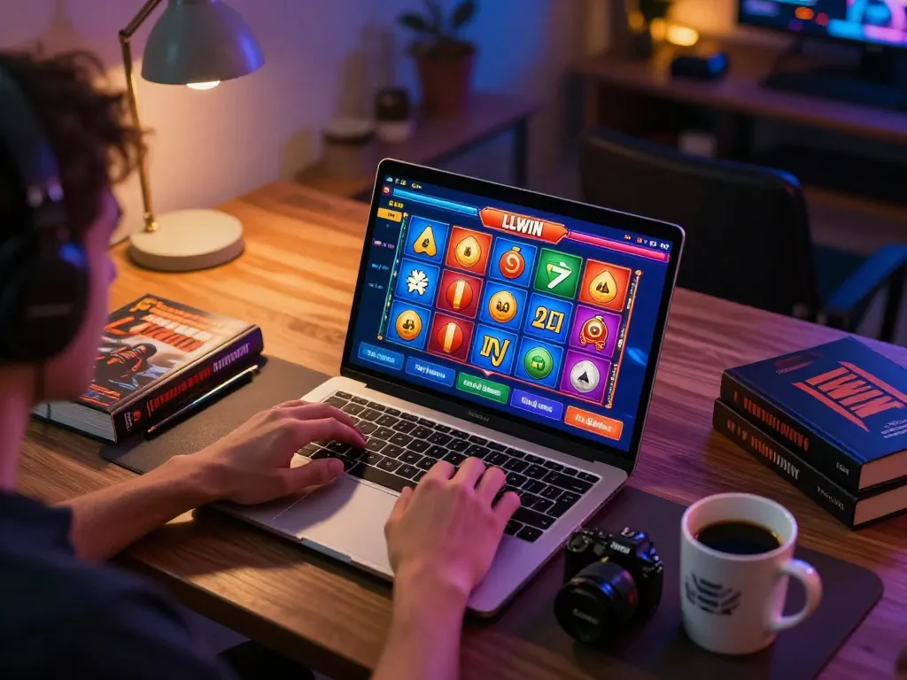 Player enjoying LLWIN online casino games at home, highlighting engaging slot machine visuals.