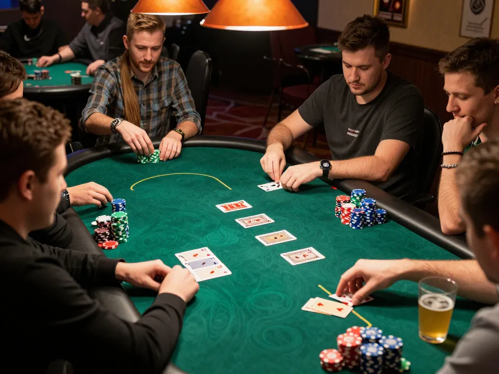 Engaging poker gameplay at Luck8 com showcasing colorful chips and intense player focus.