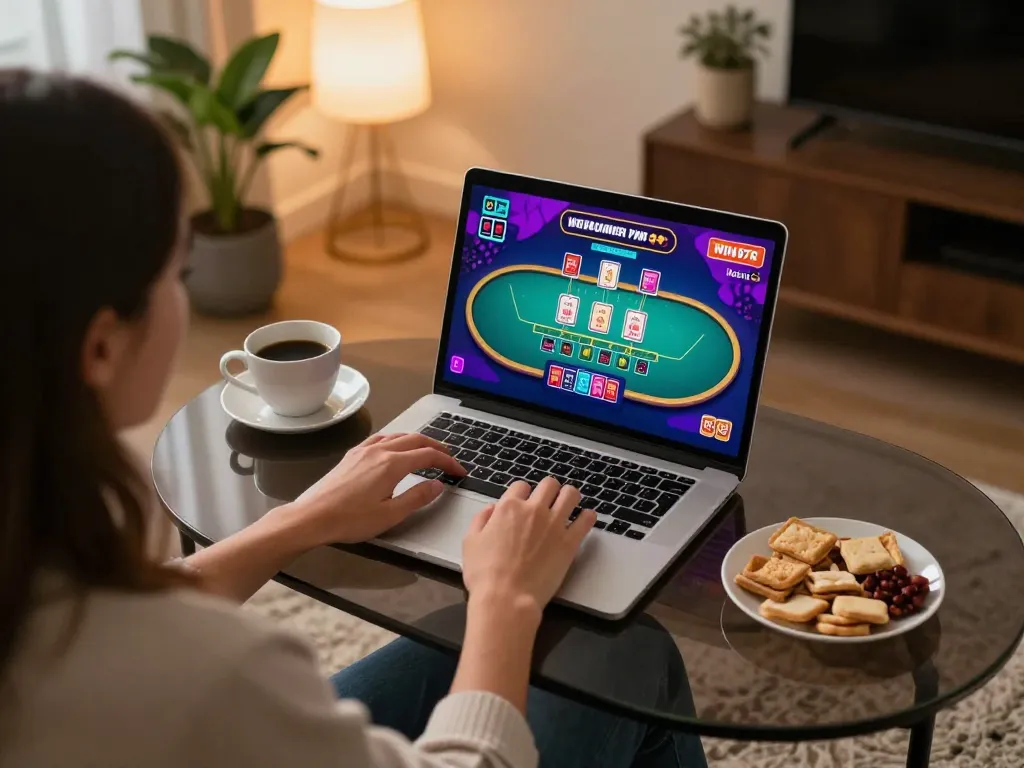 Engaging home gaming experience on Win 678 with a player enjoying blackjack at their laptop.