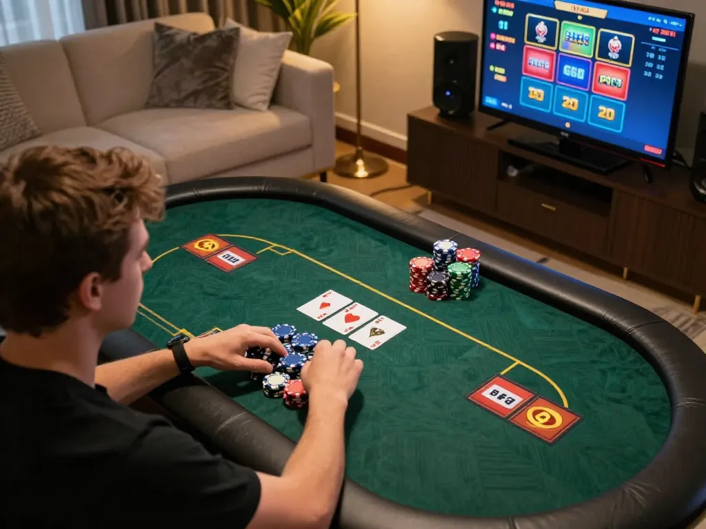 Engaging online poker game at NK88, showcasing strategic chip movement in a cozy home setting.