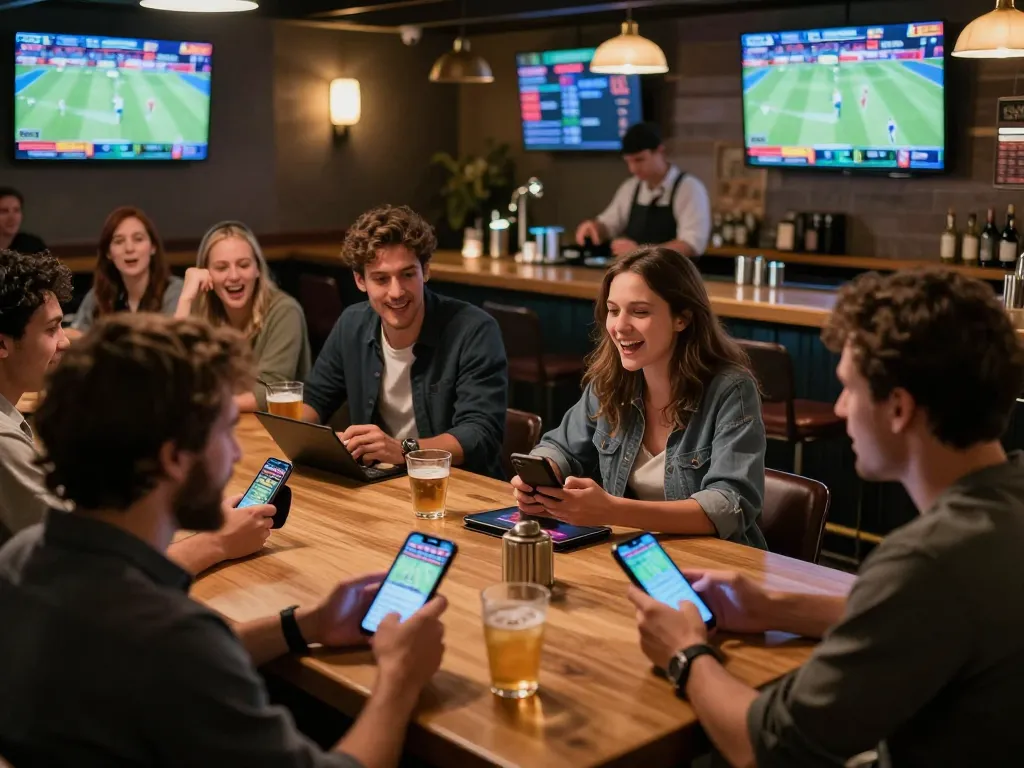 Engaging scene of sports fans placing Nhận định kèo bets at a lively bar during live games