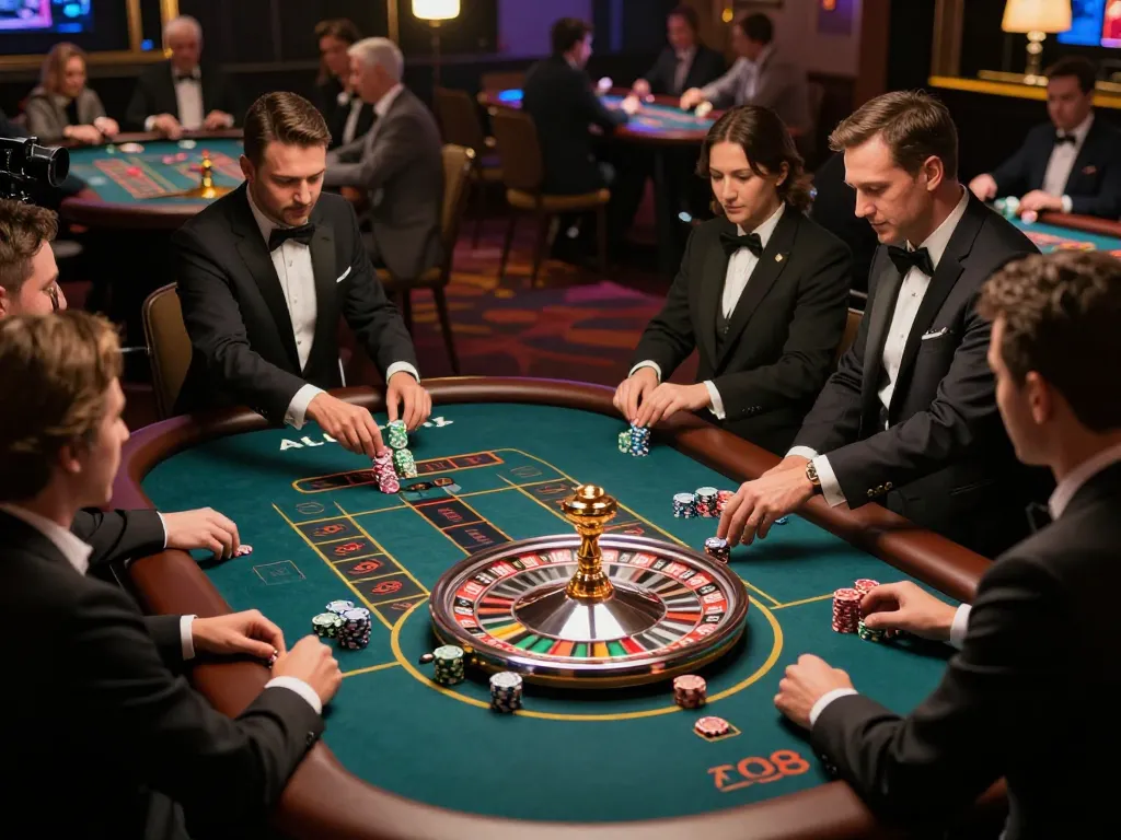 Players engaging in thrilling roulette at ALO8's live dealer table, chips stacked, and excitement high