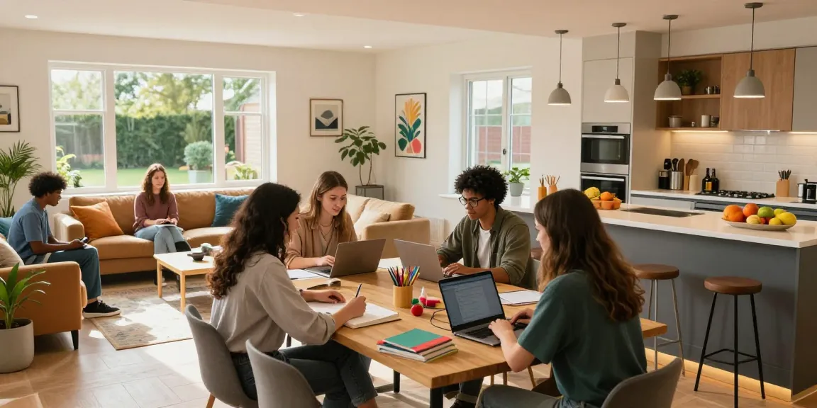 Students collaborating in vibrant student accommodation in Northampton, showcasing modern furnishings and warm inviting atmosphere.