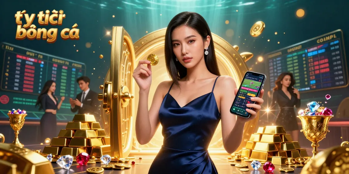 Betting insights in tỷ lệ bóng đá illustrated with a stunning woman holding a golden chip and smartphone in a festive casino setting.