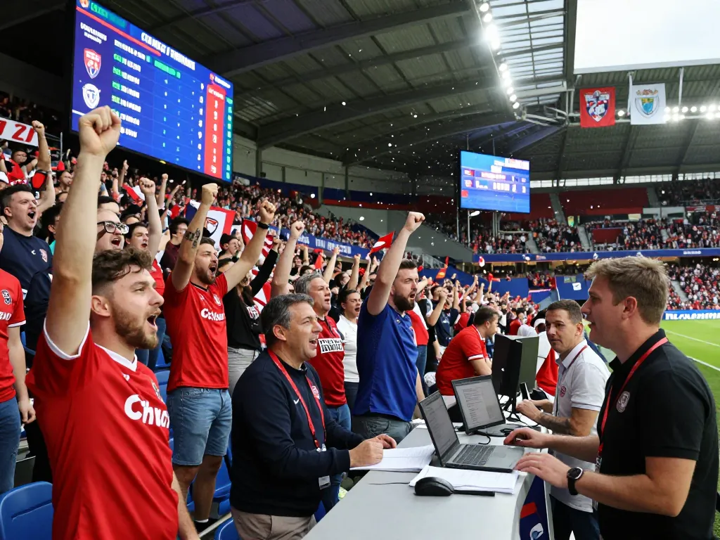 Fans cheering at NOWGOAL event showcasing live football scores and data analysis.