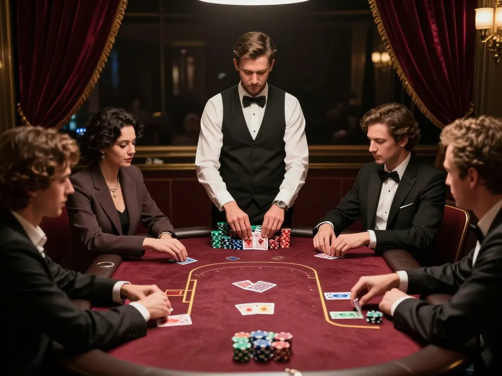 NK88 poker game in a luxury casino setting with engaged players and dealer's cards