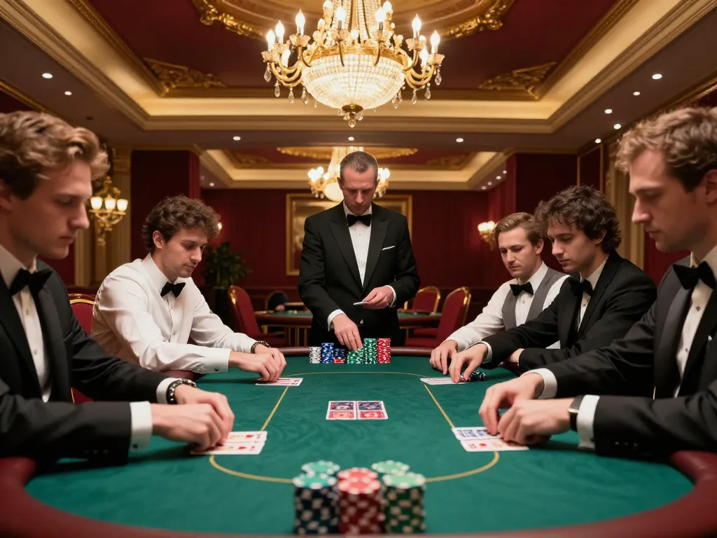 GMNC poker players engaged in a high-stakes showdown at a luxurious casino table.