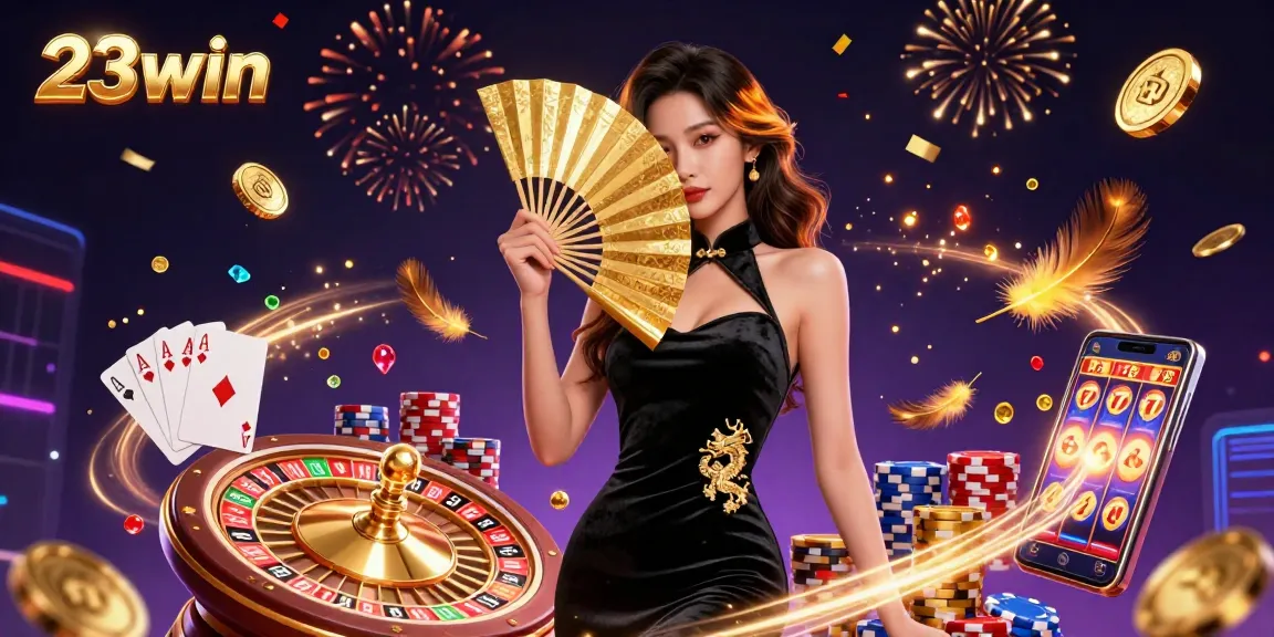 Engage with excitement at 23win, featuring stunning visuals of casino games and vibrant elements celebrating winning moments.