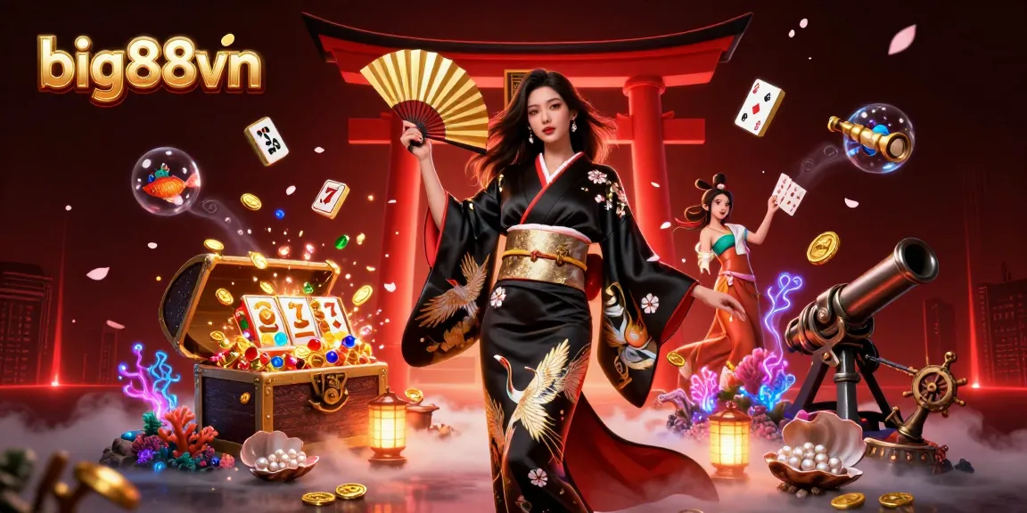 Experience the thrill of big88vn with an elegant Asian woman in a colorful casino scene filled with slot reels, sakura petals, and gold.