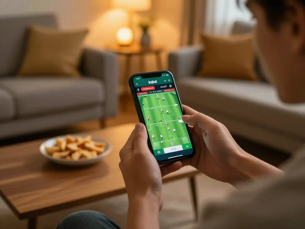 KQBD user tracking live results on smartphone during a sports betting session at home, showcasing strategic engagement.