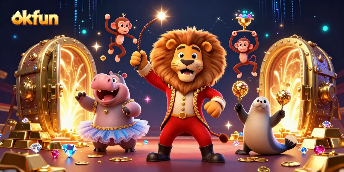 Spin to win with okfun's exciting jackpot games featuring vibrant circus-themed characters.