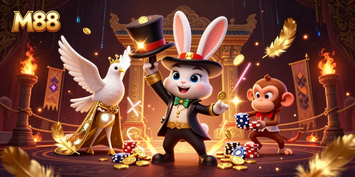 M88 magician rabbit conjures casino riches with poker chips in a vibrant 3D illustration