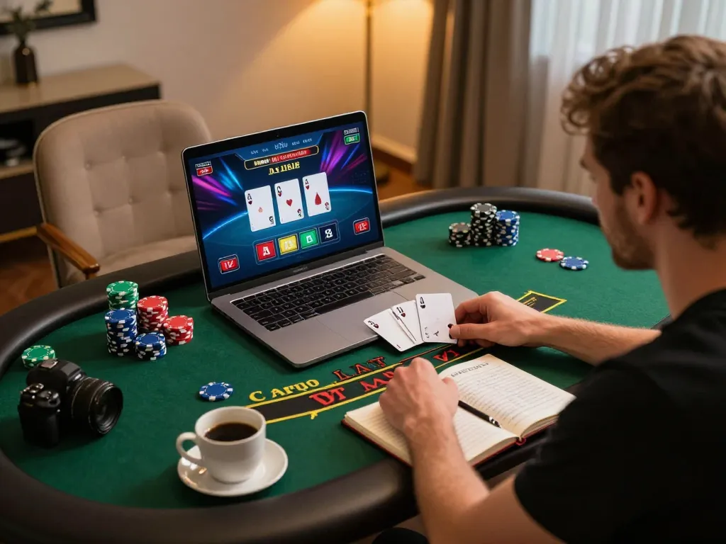 Engaging online blackjack gameplay showcasing debet strategies on a laptop screen with cozy home environment.