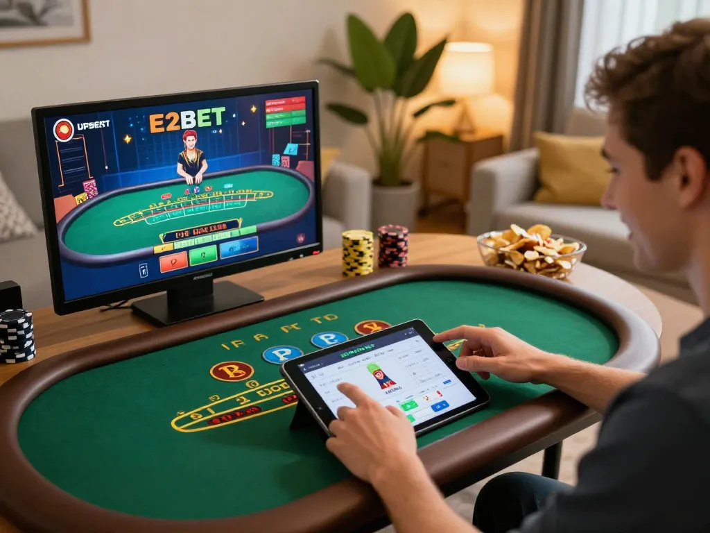 E2bet player engaging with live dealer game on tablet in cozy home setting