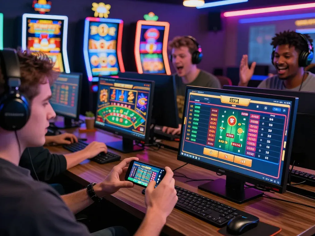 Engaging online gaming scene showcasing diverse players enjoying 68win platform with vibrant casino games and sports betting interfaces.