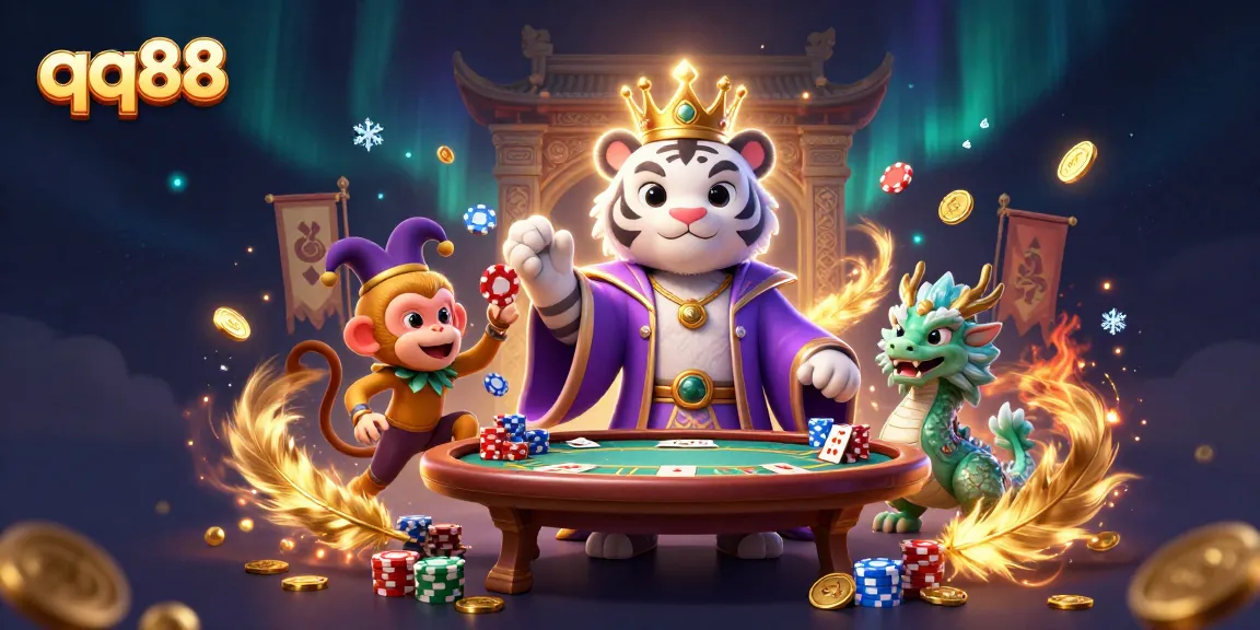 Engage in thrilling casino action with qq88, featuring a vibrant scene of a royal tiger and playful monkey.