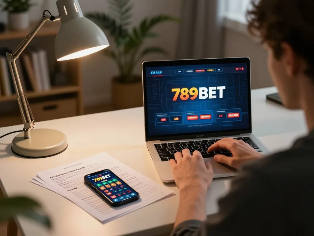 Player strategizing on 789BET online gaming interface at home desk with cozy ambiance.