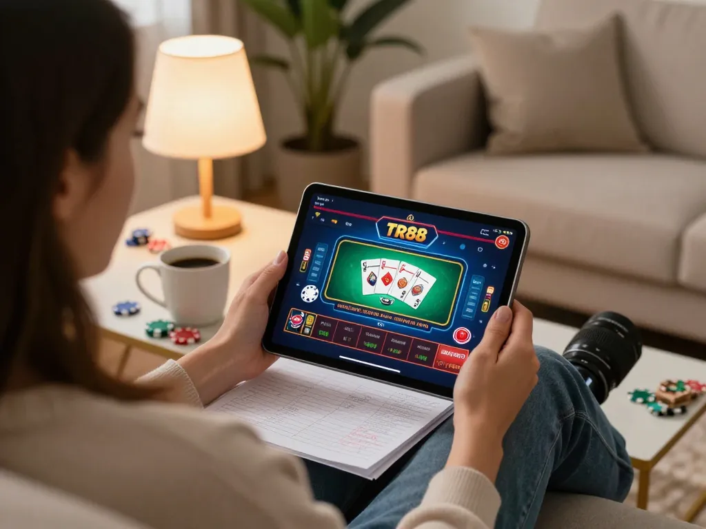 Engaged player enjoying TR88 online casino games on tablet in cozy home environment