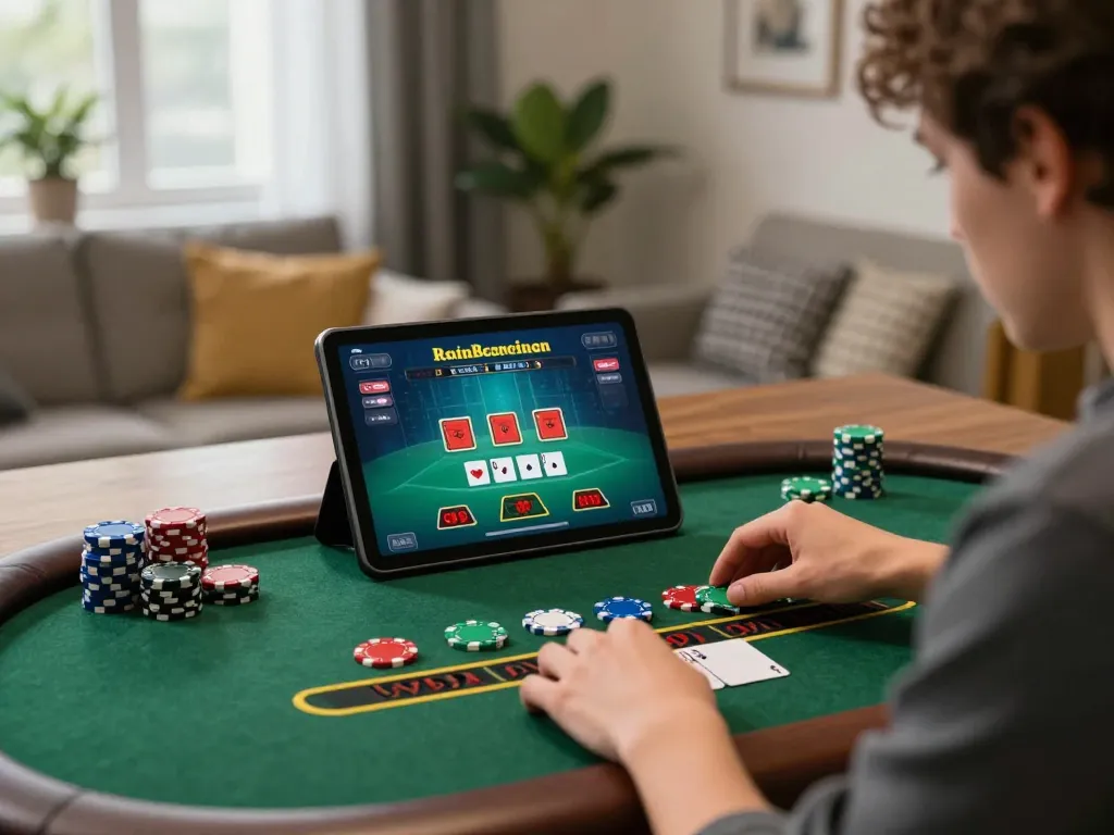 Engaging scene of online blackjack gameplay at jun88 showcasing player strategy in a cozy home.