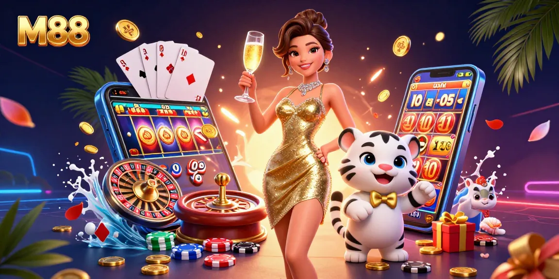 M88 elevates the gaming experience with a vibrant casino illustration featuring a glamorous woman and lucky tiger, celebrating wins.
