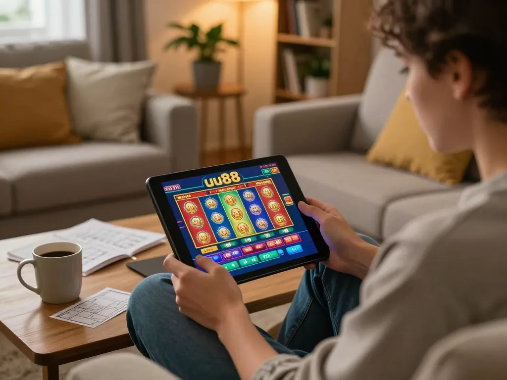 Engaging online gameplay at uu88 featuring colorful slot machine graphics and cozy home atmosphere
