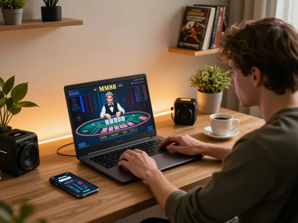 Experience thrilling gameplay at MM88 with live blackjack in a stylish home setup