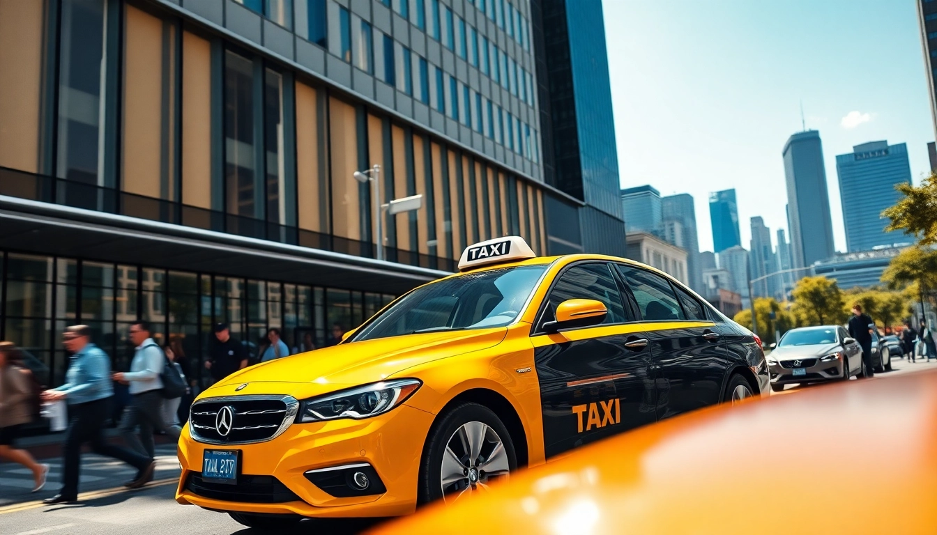 Taxi parked in a bustling urban area with a modern backdrop and city skyline.