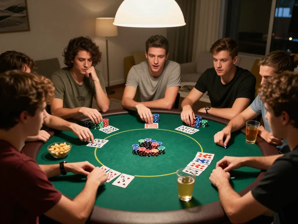 Friends playing poker at home, showcasing thrilling gameplay with sunwin elements in a friendly atmosphere