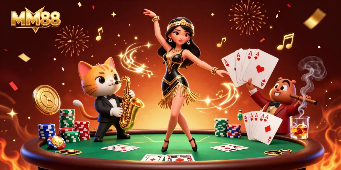 Experience thrilling gameplay at MM88 with a vibrant casino scene featuring dancing characters and poker elements.