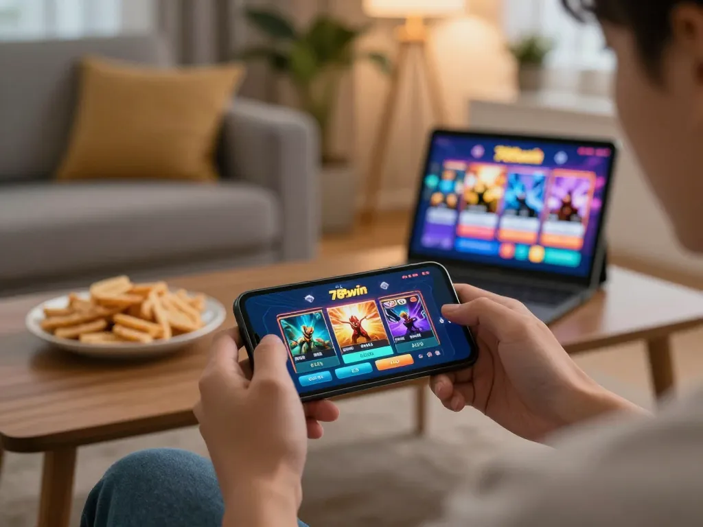 Engaging gameplay on a smartphone using the 789win app in a cozy home environment.